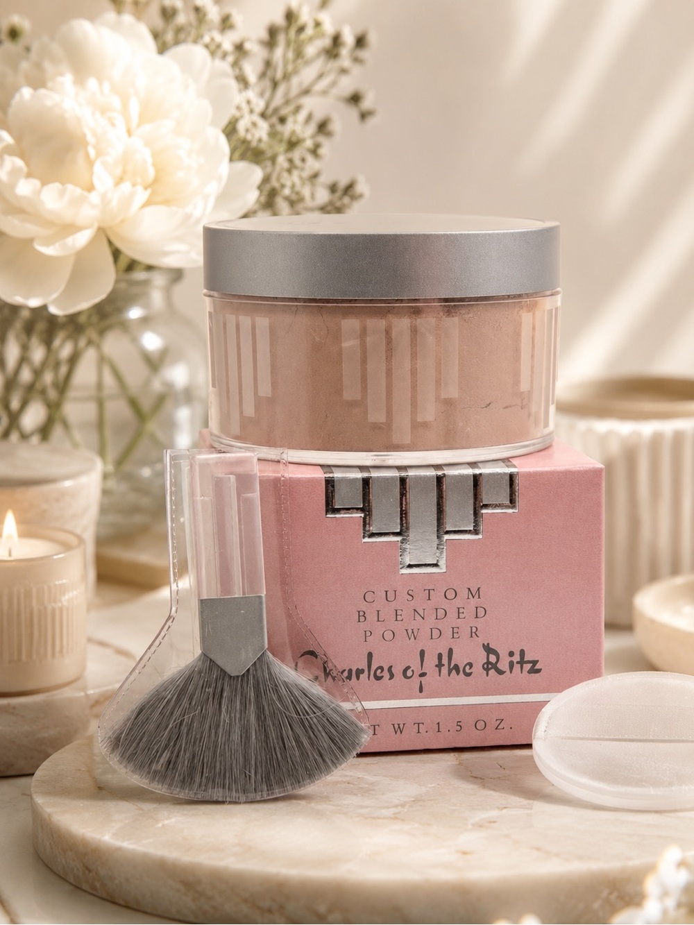 Charles of the Ritz Custom Blended Powder 1.5 oz Loose Face Powder Puff & Brush